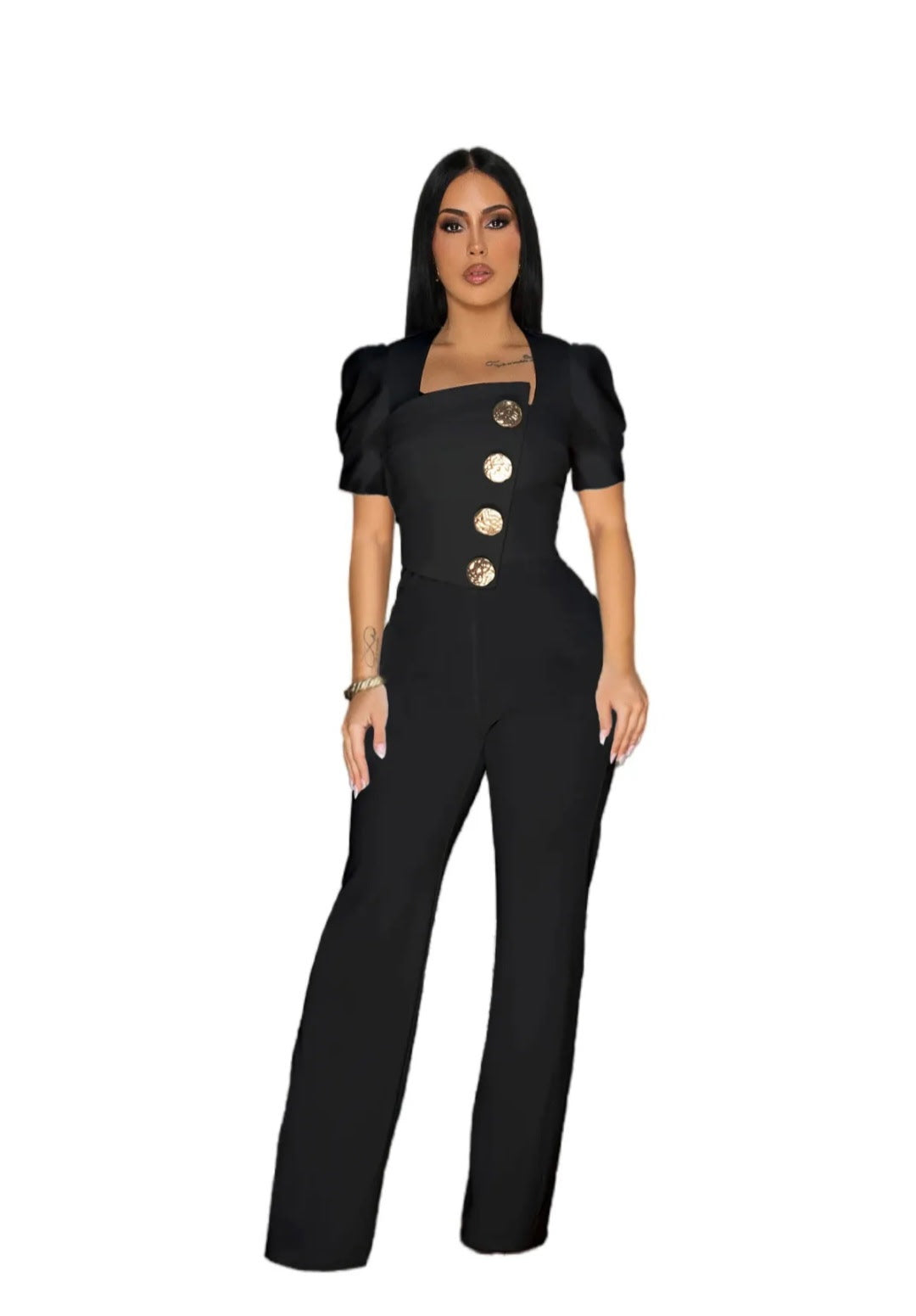 The Elevation Jumpsuit in black with gold buttons