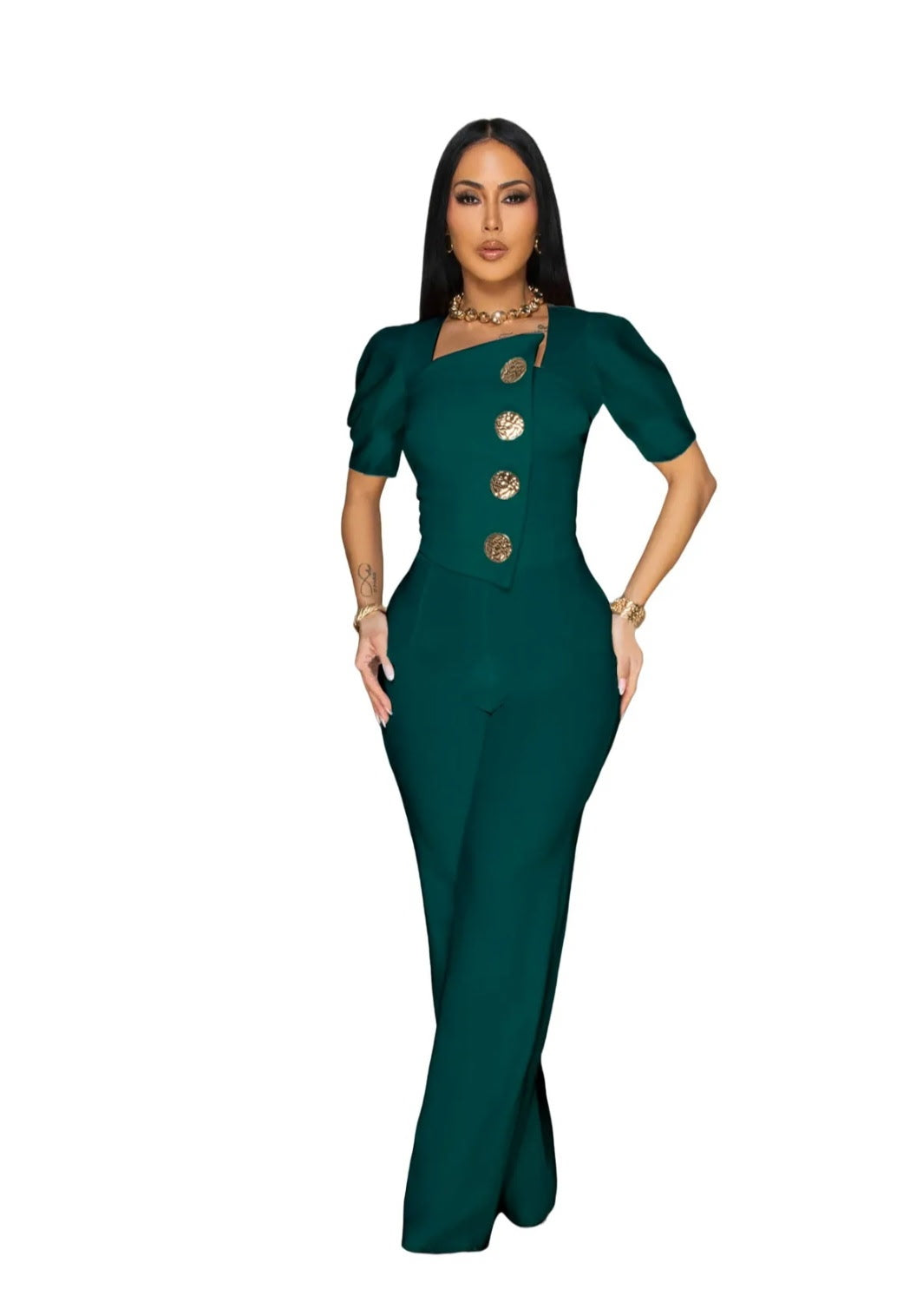 The Elevation Jumpsuit in emerald with gold buttons